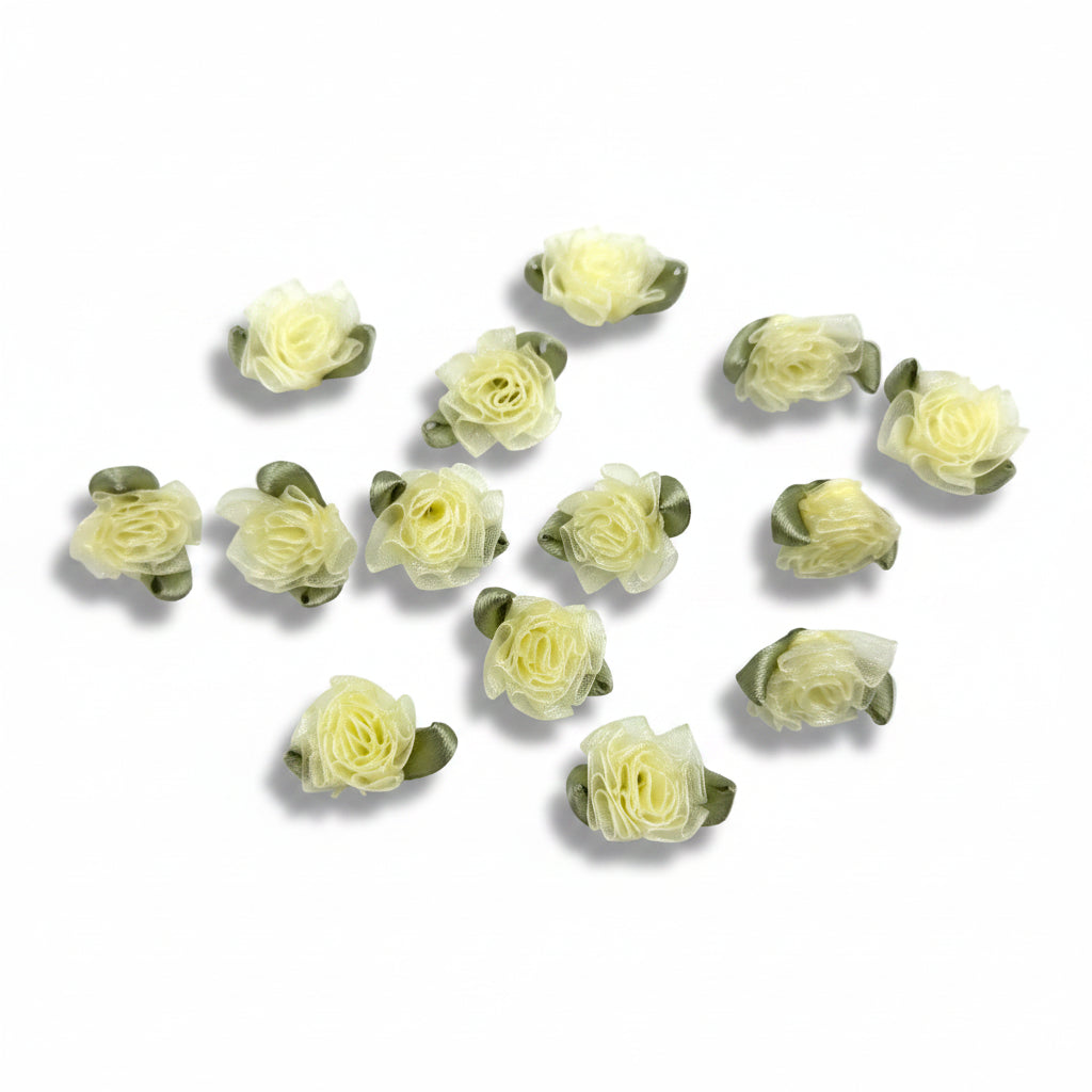 Organza-Röschen mit Blättern, 100 Stück