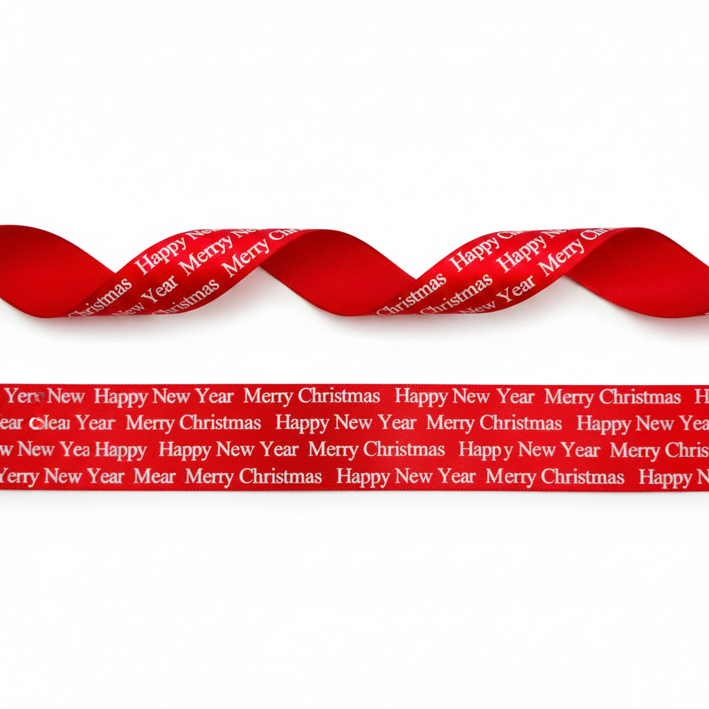 15mm rotes Satinband bedruckt mit silbernen Weihnachtsglocken pro 25 Meter Rolle