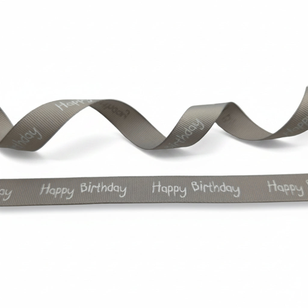 Ripsband grau-weiß bedruckt mit Happy Birthday — 16mm | Rolle 20m