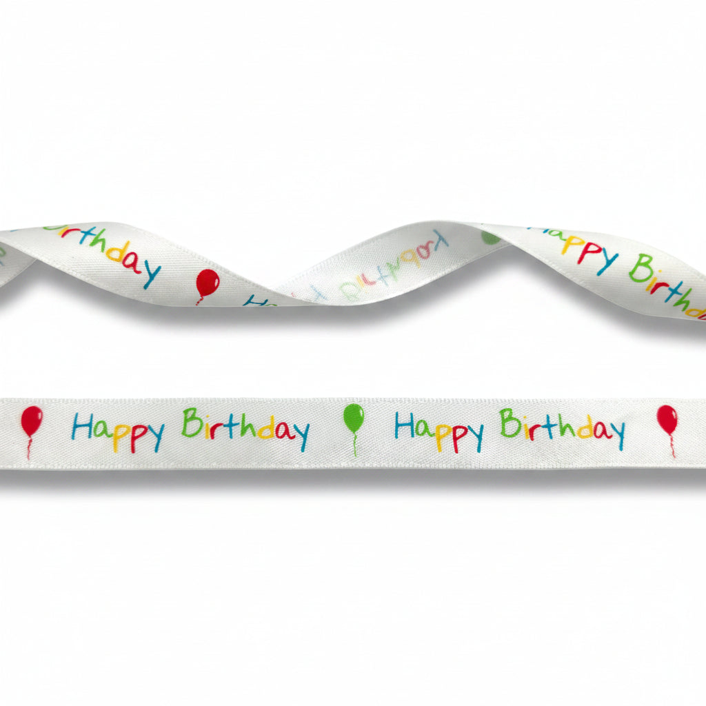 Weißes Satinband Happy Birthday — 16mm | Rolle 20m