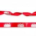 Rotes Satinband 20mm bedruckt mit Grachtenhäusern, Sinterklaas und Zwarte Piet auf dem Dach