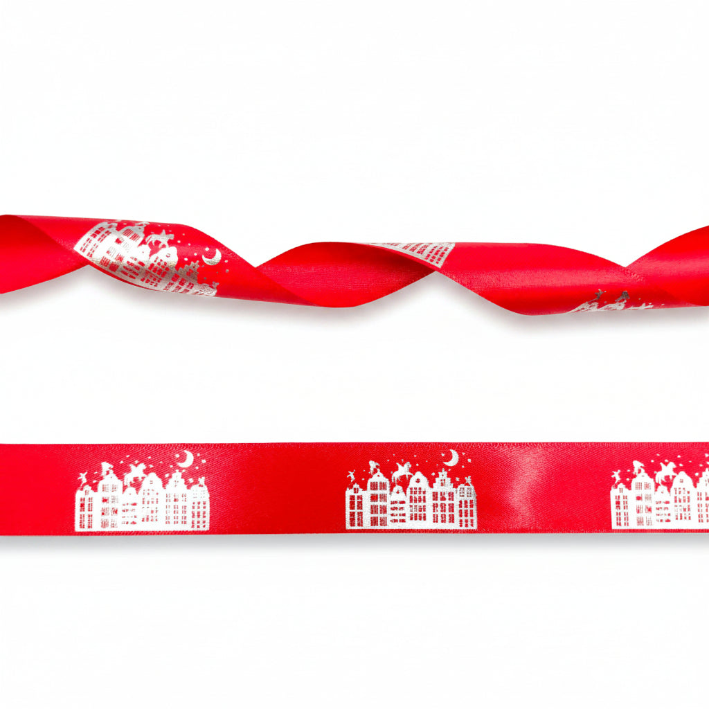 Rotes Satinband 20mm bedruckt mit Grachtenhäusern, Sinterklaas und Zwarte Piet auf dem Dach