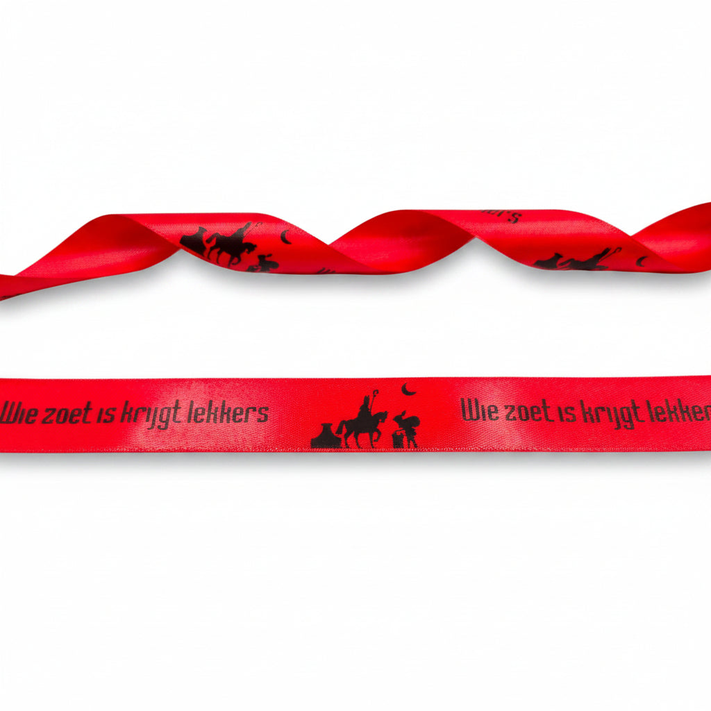 Rotes Satinband 20mm bedruckt mit Sint und Piet pro 25 Meter