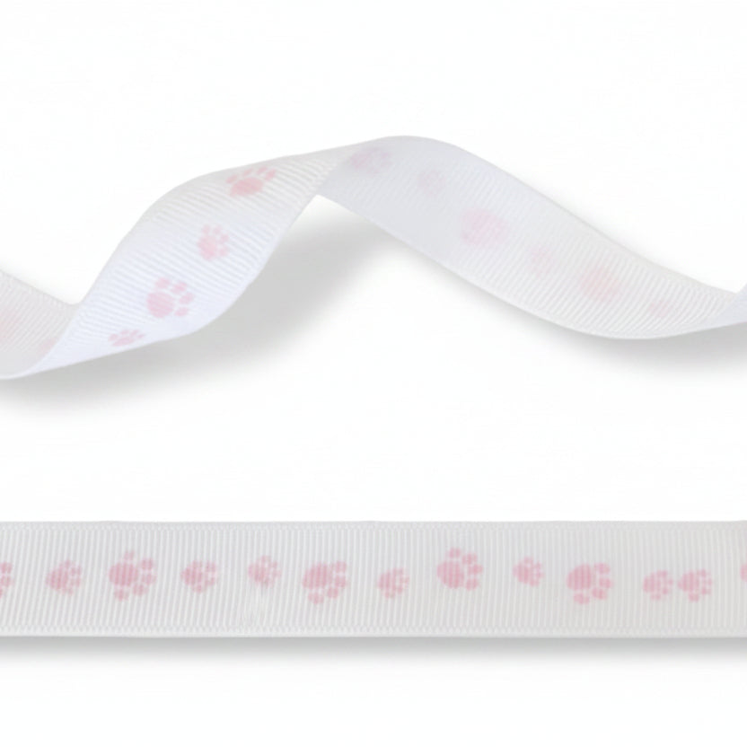16mm weißes Ripsband mit Fußabdruck in Rosa - 20 Meter