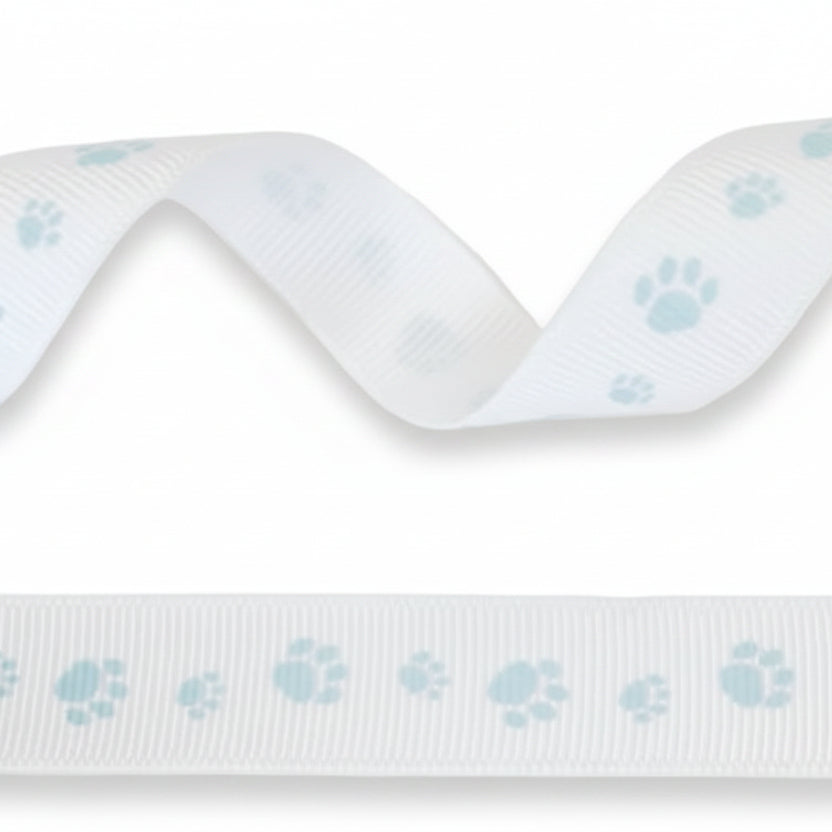 16 mm weißes Ripsband mit Fußabdruck in der Farbe Blau – 20 Meter