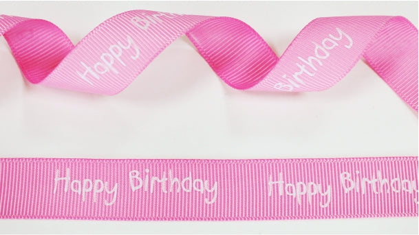 Ripsband in 2 verschiedenen Farben Rosa Weiß bedruckt mit Happy Birthday — 16mm | Rolle 20m
