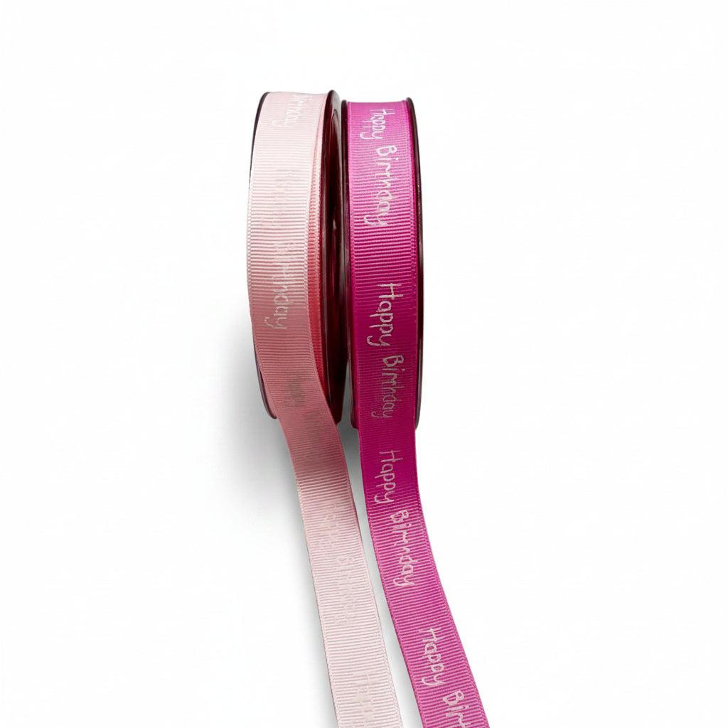 Ripsband in 2 verschiedenen Farben Rosa Weiß bedruckt mit Happy Birthday — 16mm | Rolle 20m