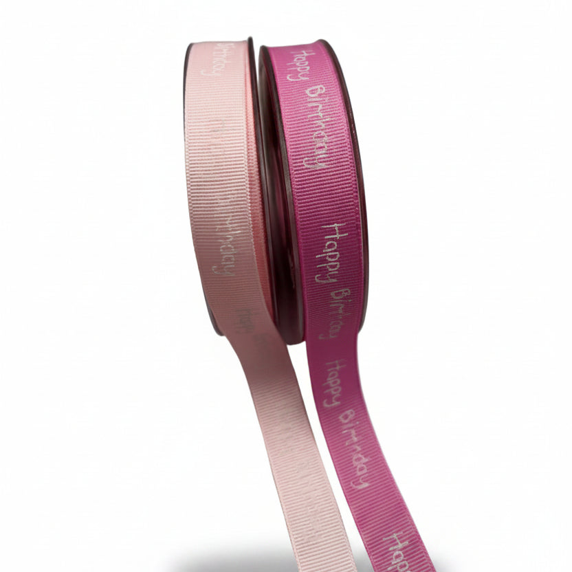 Ripsband in 2 verschiedenen Farben Rosa Weiß bedruckt mit Happy Birthday — 16mm | Rolle 20m