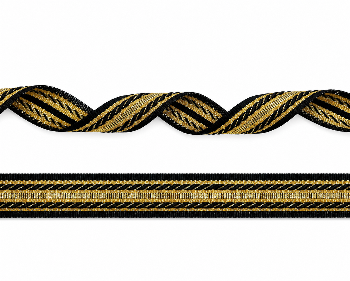 Sierband zwart met lurex gouden streep 16mm per 50 meter