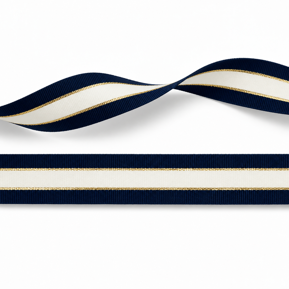 Sierband Donker Blauw/Wit met gouden lurex strepen 25mm per 50 meter
