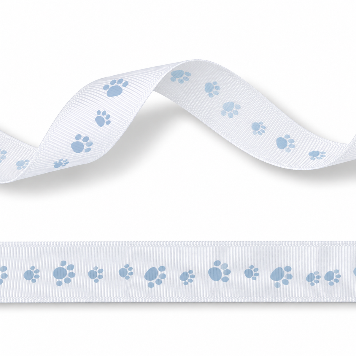 16 mm weißes Ripsband mit Fußabdruck in der Farbe Blau – 20 Meter