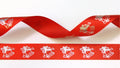 15mm rotes Satinband bedruckt mit silbernen Weihnachtsglocken pro 25 Meter Rolle