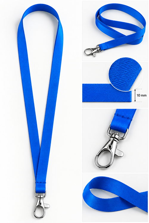 Blauw satijnen keycord 10 mm met musketonhaak | 50 stuks