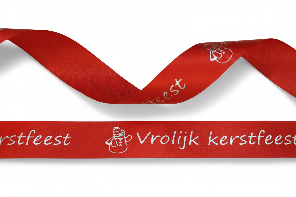 15mm rotes Satinband bedruckt mit silbernen Weihnachtsglocken pro 25 Meter Rolle